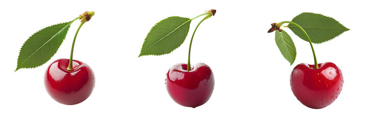 Set of fresh cherry with a vibrant red color and a green leaf attached isolated on a transparent background 