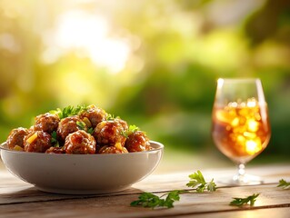 A bowl of Spanish albondigas, succulent meatballs in a rich tomato sauce, placed on a rustic table with fresh parsley and a glass of sangria beside it