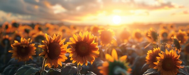 Wall Mural - Sunflower field at sunset, 4K hyperrealistic photo