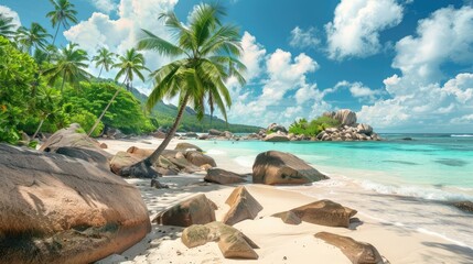 Sticker - A stunning beach scene with crystal-clear water and swaying palm trees.