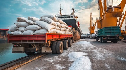 At the industrial port, sugar bags are loaded into the hold of a bulk vessel after being picked up from a truck.