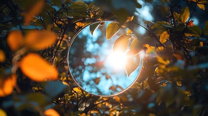 Poster - A Circular Mirror Reflecting Sunlight Through Autumn Leaves