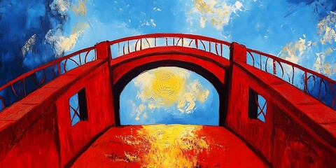 Wall Mural - painting of a red bridge with a bright sun in the sky