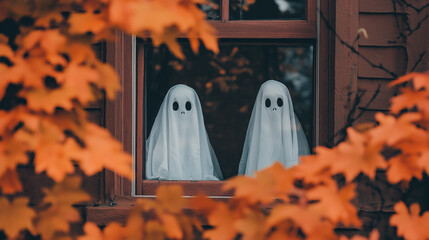 Two Ghosts in White Sheets Peering through Window with Autumn Leaves