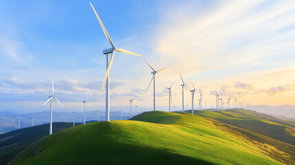 A scenic view of wind turbines on rolling hills under a vibrant sky, highlighting renewable energy and nature's beauty.