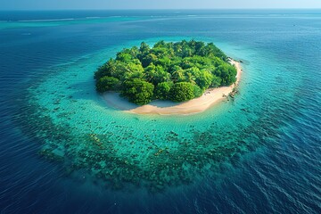 Wall Mural - A small island surrounded by water with a blue sky in the background