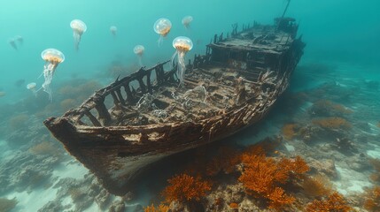 Wall Mural - Underwater shipwreck surrounded by diverse marine life including jellyfish and coral in a vibrant aquatic ecosystem