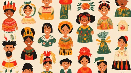 a repeating pattern of happy people in traditional dress from different parts of the world, showcasi