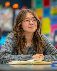 portrait of  female student at the desk in classroom