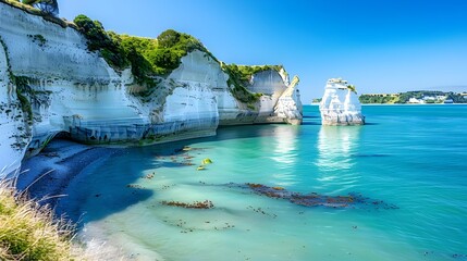 Wall Mural - The coastline is lined with chalk rocks forming