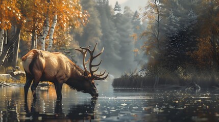 Wall Mural - Elk drinking water from the river against