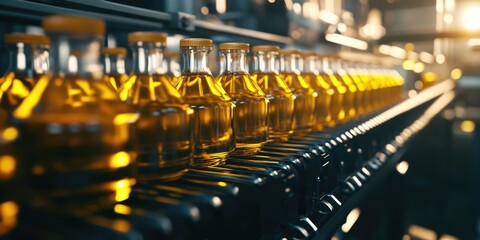 Wall Mural - Row of bottles filled with yellow liquid