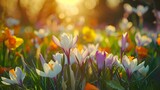 A meadow with blooming crocuses and daffodils picture