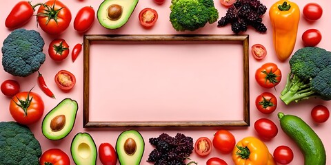 Variety of vegetables and fruits. Top view with blank copy space for text.