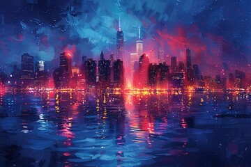 Poster - A city skyline is reflected in the water, with the buildings lit up at night