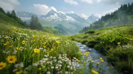 Poster - The grasslands of switzerland surrounded by high mountains