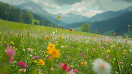 Wall Mural - The flowering meadows of switzerland present a bright