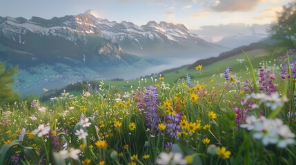 Wall Mural - The swiss meadows withsque mountains and hills