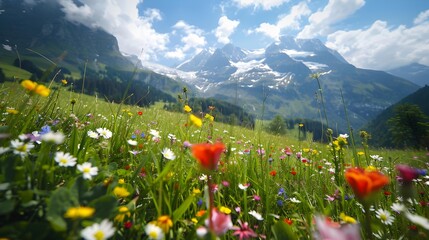 Poster - Swiss meadows with lush green grass and colorful