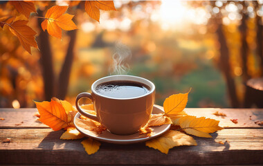 cup of coffee on autumn leaves