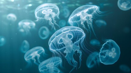 Poster - Jellyfish elegant with numerous jellyfish floating in calm