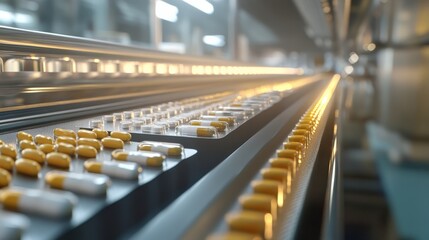 a capsule production line in a pharmaceutical facility showcases various medications moving along a 