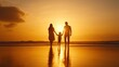 © BoOm - A happy family walks together on the beach during a beautiful sunset, creating lasting memories in a serene environment.