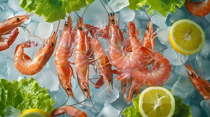 Canvas Print - Seafood fresh shrimp laid out on an ice