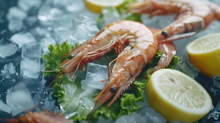 Canvas Print - Seafood fresh shrimp laid out on an ice