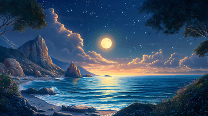 Wall Mural - romantic and scenic panorama with full moon on sea to night 