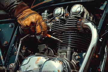 Wall Mural - An illustration of a hand-drawn motorbike mechanic's hands working on a vintage bike engine,  