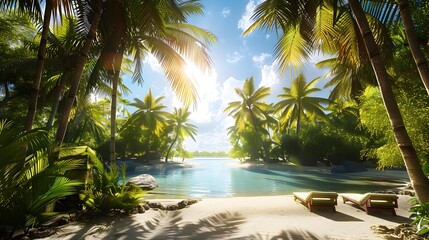 Canvas Print - Beach oasis surrounded by tall palm trees