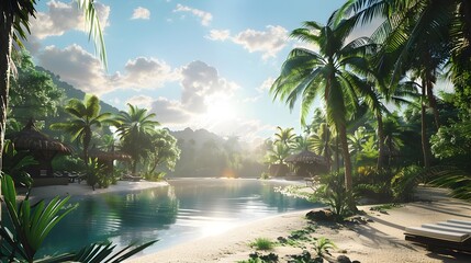 Canvas Print - Beach oasis surrounded by tall palm trees img