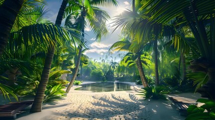 Sticker - Beach oasis with tall palm trees and exotic