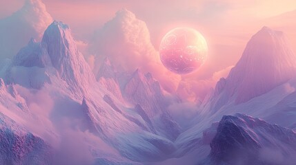 Poster - Surreal mountain landscapes featuring abstract engine gears, pastel tones, and geometric portals or spheres, evoking a dreamlike, otherworldly atmosphere.