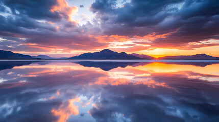 Wall Mural - Symmetry view of Bonneville Salt Flats against cloudy sky at sunset 