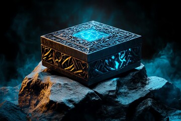 Wall Mural - A mystical box with intricate designs, emitting an enchanting blue glow, resting on a rugged rock in a dark, ethereal setting.