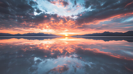 Wall Mural - Symmetry view of Bonneville Salt Flats against cloudy sky at sunset 