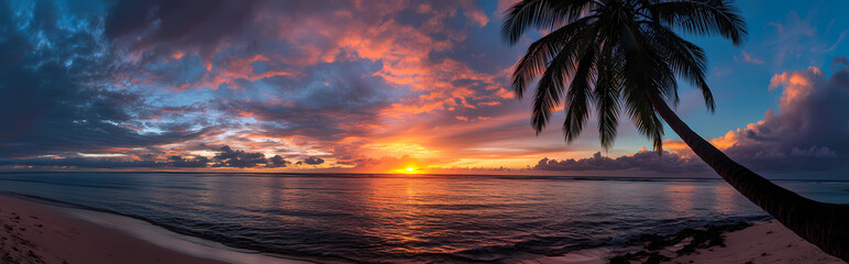 Canvas Print - Tropical sunset with palm tree silhouette panorama 