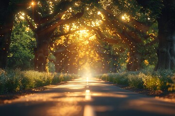 Wall Mural - Motorbike ride through a grove of ancient trees, sunlight dappling the path , free space for text --ar 3:2 --stylize 750 --v 6 Job ID: e81d5189-37c5-4791-aee4-791a8f0a2e03