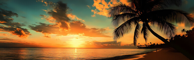 Canvas Print - Tropical sunset with palm tree silhouette panorama 