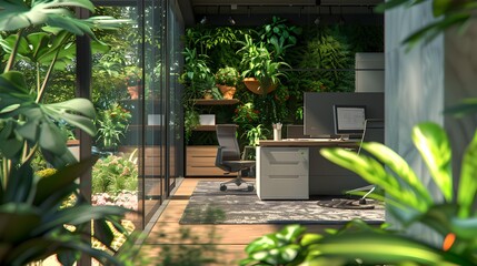 Wall Mural - Cozy office surrounded by green plants and flowers