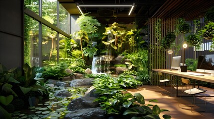 Canvas Print - Eco-friendly office surrounded by green gardens and waterfalls