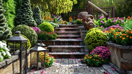 Wall Mural - Front gardens multi-level with flowering plants and decorative