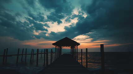 Wall Mural - View of silhouette pier against cloudy sky at sunset