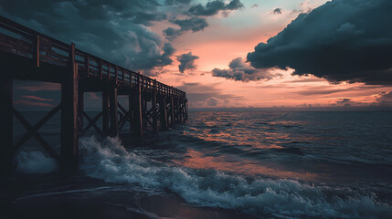 Wall Mural - View of silhouette pier against cloudy sky at sunset