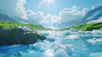 Canvas Print - Summer landscape with blue water surrounded by ice