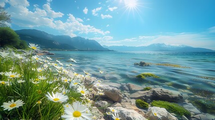 Wall Mural - Landscape with bright greenery flowering meadows and crystal