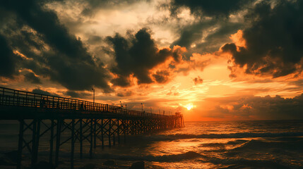 Wall Mural - View of silhouette pier against cloudy sky at sunset