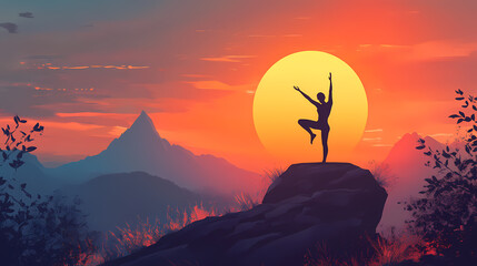 Wall Mural - silhouette fitness girl practicing yoga on mountain 